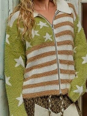 POL Flag Olive, Cream & Brown Star-Stripe Zip Sweater